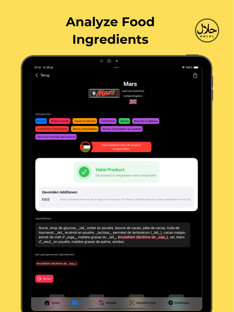 HalalFoodScan on iPad showing a green Halal Product verdict for a Mars bar, with the E322 additive explanation, full ingredient list and bio-engineered ingredients section