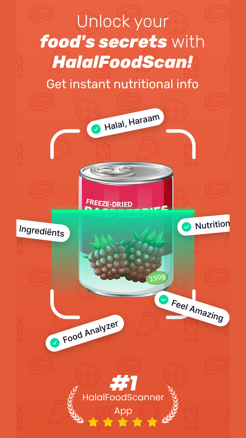 HalalFoodScan promotional graphic showing a scanned tin of freeze-dried raspberries surrounded by feature labels for Halal and Haraam status, nutrition, ingredients and food analysis