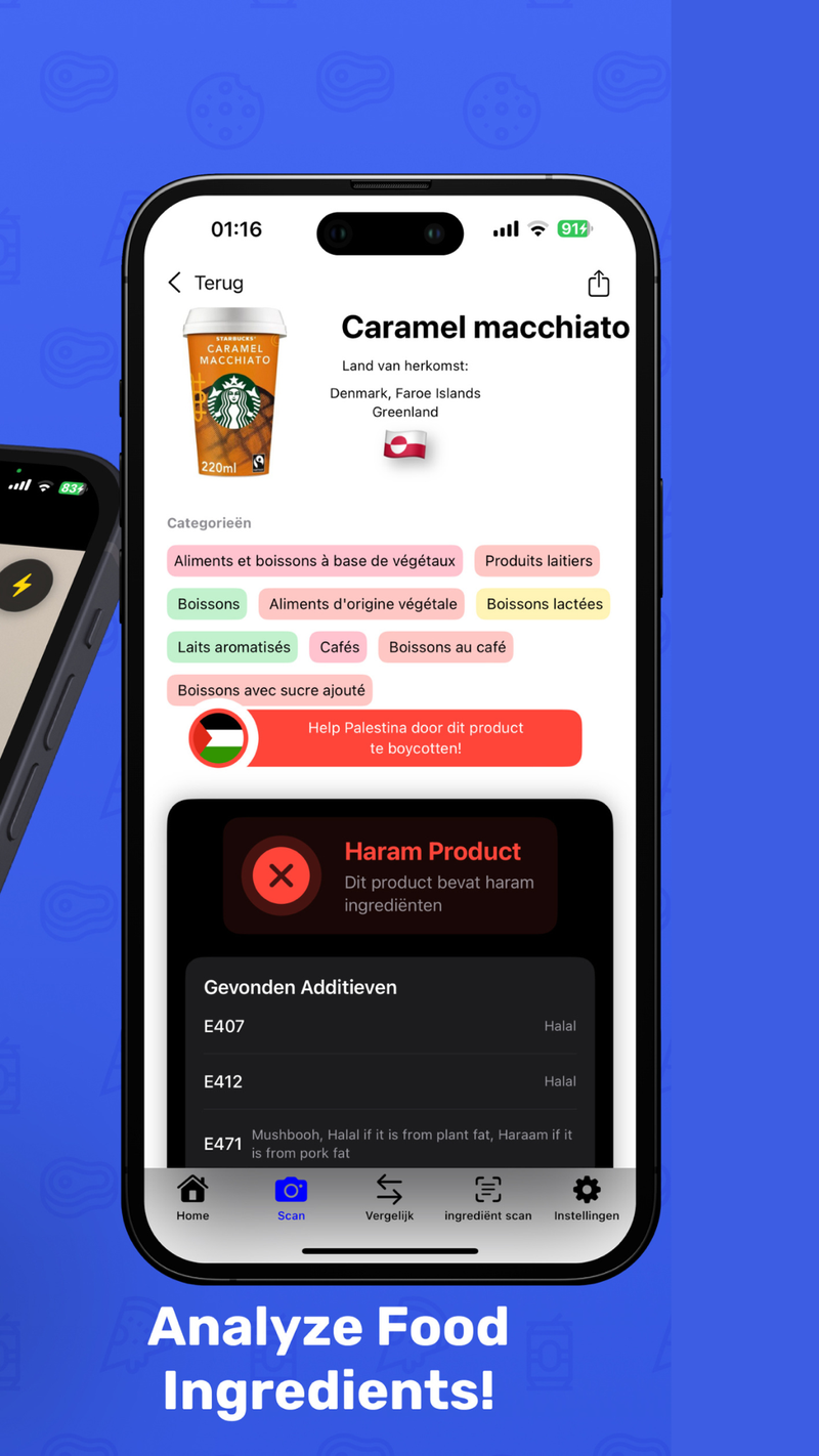 HalalFoodScan showing a red Haram Product verdict for a scanned drink, with the additives E407, E412 and E471 listed below