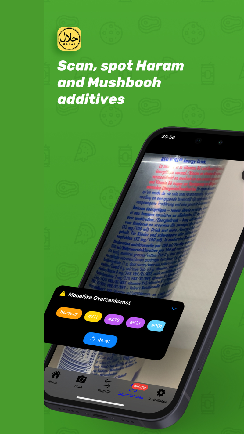 HalalFoodScan ingredient scan mode reading a Red Bull can label and detecting the additives beeswax, e211, e338, e621 and e901