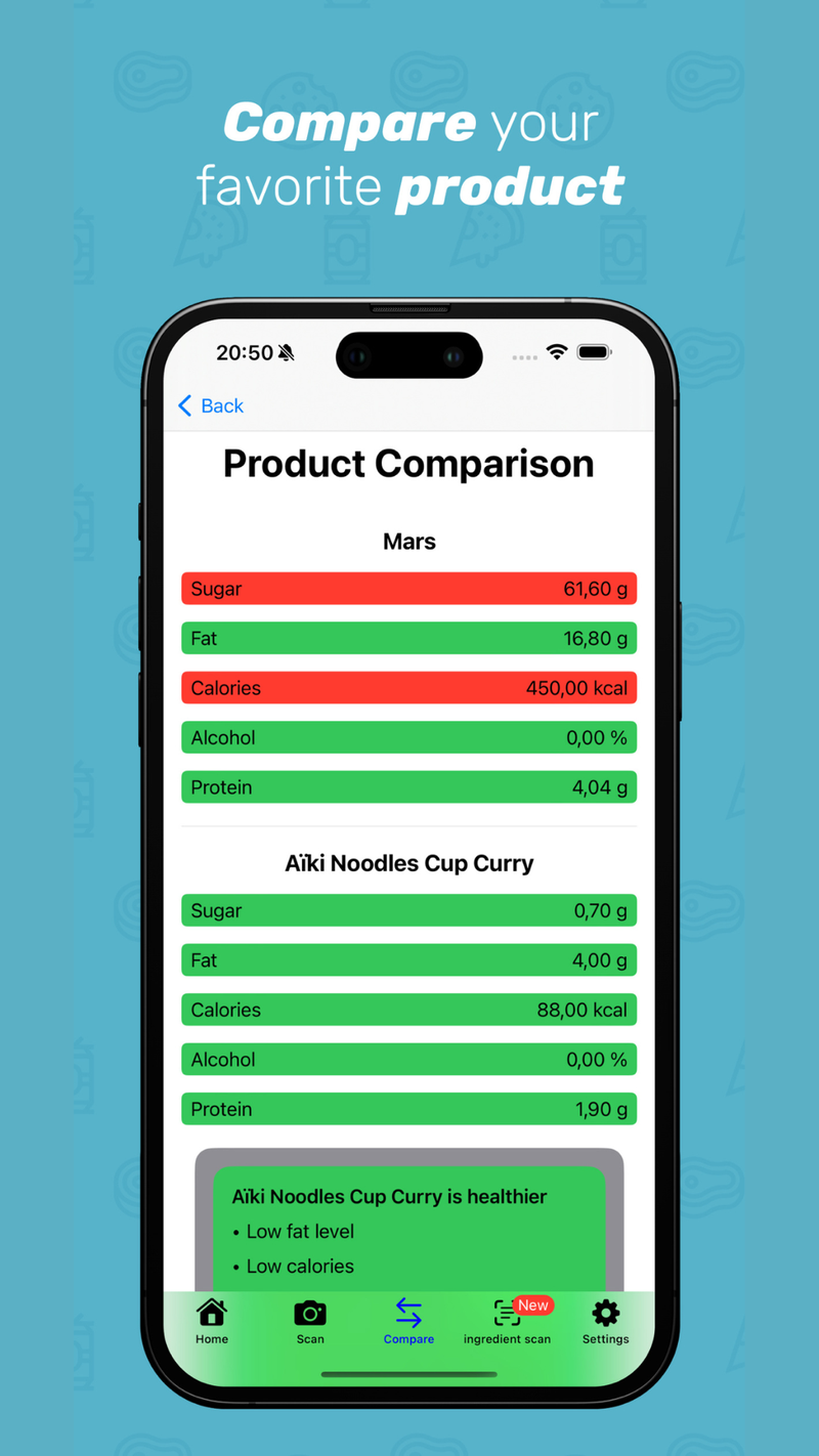 HalalFoodScan product comparison screen comparing a Mars bar and Aiki Noodles Cup Curry across sugar, fat, calories, alcohol and protein